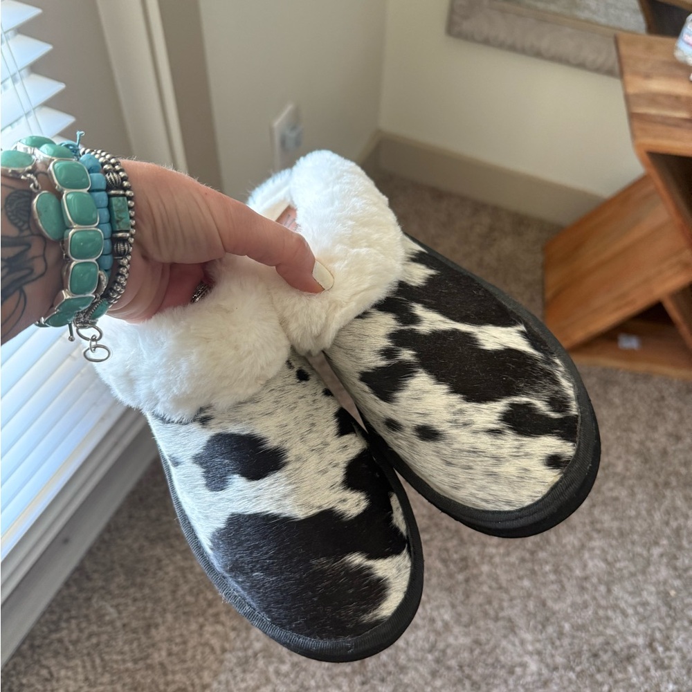 Myra Black and White Cowhide Slippers